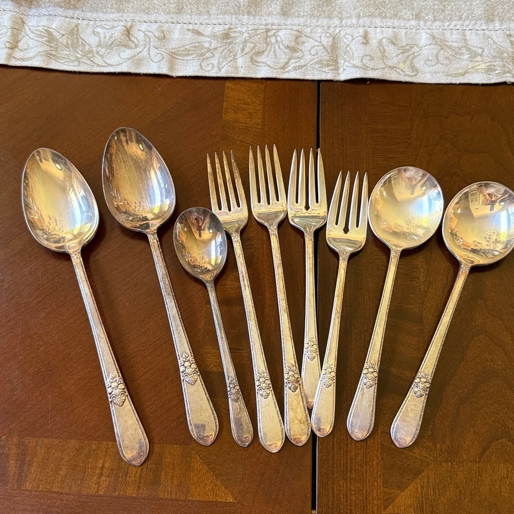 VTG 1847 Rogers Bros Silver-plate Adoration lot of 9 pcs Forks Serving Spoons